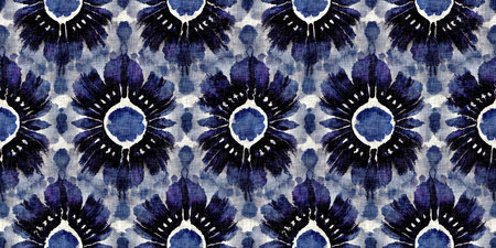 Summer indigo bandana dyed motif seamless border pattern. Fashion blur bleed endless trim ribbon...