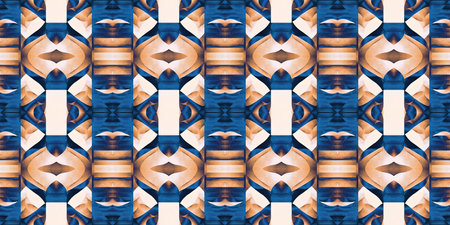 Blue white watercolor azulejo tile border background. Seamless coastal geometrical blur mosaic...