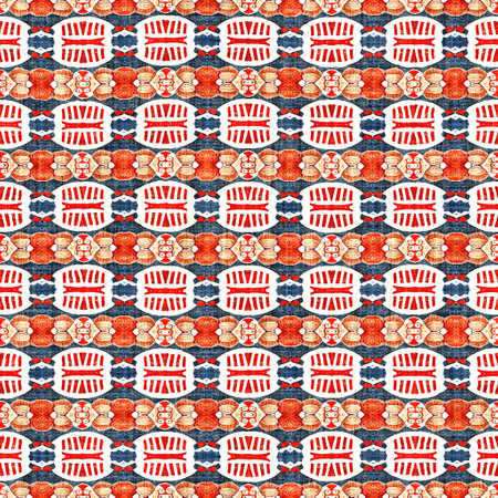 Navy blue red azulejos tile style banana fashion scarf print. Seamless pattern in coastal living...