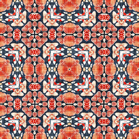Navy blue red azulejos tile style banana fashion scarf print. Seamless pattern in coastal living...