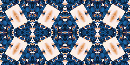 Blue white watercolor azulejo tile border background. Seamless coastal geometrical blur mosaic...