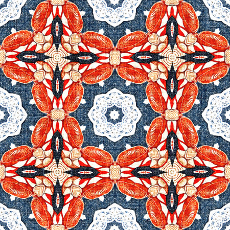 Navy blue red azulejos tile style banana fashion scarf print. Seamless pattern in coastal living maritime style design. Modern abstract cotton linen effect fabric background.の写真素材