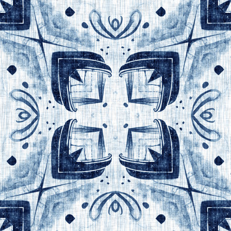 Indigo Dye Wash Coastal Damask Quilt Seamless Pattern. Washed out Geometric Dip Dyed Blur effect for Nautical and Marine Ocean Blue Interior Textile Backgrounds with Linen Texture Tileの写真素材