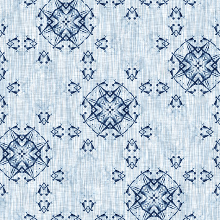 Indigo Dye Wash Coastal Damask Quilt Seamless Pattern. Washed out Geometric Dip Dyed Blur effect for Nautical and Marine Ocean Blue Interior Textile Backgrounds with Linen Texture Tileの写真素材