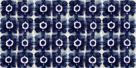 Summer indigo bandana dyed motif seamless border pattern. Fashion blur bleed endless trim ribbon edge for beach wear. Masculine shirt tie dye effect. Repeat woven textile banner.の写真素材