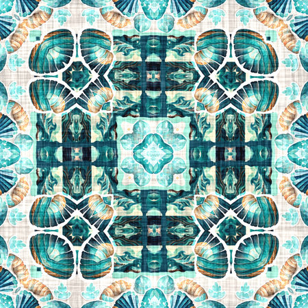 Teal beach house coastal style patchwork pattern tile. Modern nantucket summer printed fabric seamless repeat.の写真素材