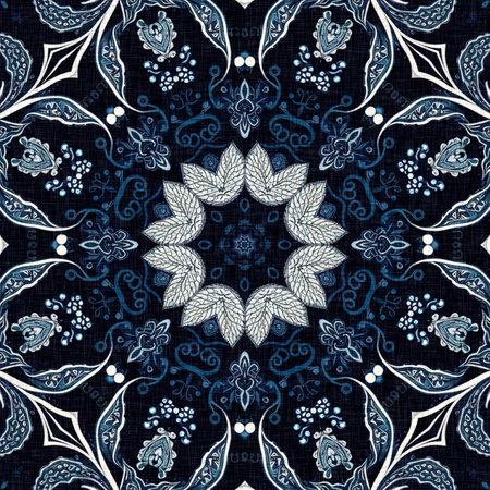 Retro indigo floral bandana 2 tone patterned fabric background. Seamless boho denim blue design....