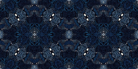 Retro indigo floral bandana 2 tone patterned fabric border background. Seamless boho denim blue banner edge design. Fashion masculine endless edging trim .の写真素材