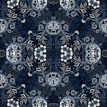 Retro indigo floral bandana 2 tone patterned fabric background. Seamless boho denim blue design....