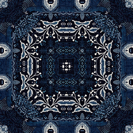 Retro indigo floral bandana 2 tone patterned fabric background. Seamless boho denim blue design. Fashion masculine wall paper.の写真素材