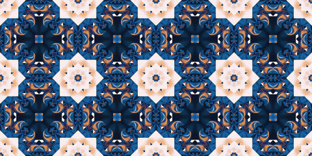 Blue white watercolor azulejo tile border background. Seamless coastal blur bleed geometrical floral...