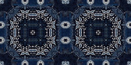 Retro indigo floral bandana 2 tone patterned fabric border background. Seamless boho denim blue...