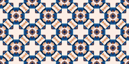 Blue white watercolor azulejo tile border background. Seamless coastal blur bleed geometrical floral mosaic effect banner. Ornamental arabesque summer fashion repeat edge trim.の写真素材