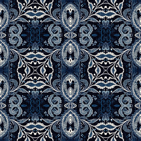Retro indigo floral bandana 2 tone patterned fabric background. Seamless boho denim blue design. Fashion masculine wall paper.の写真素材