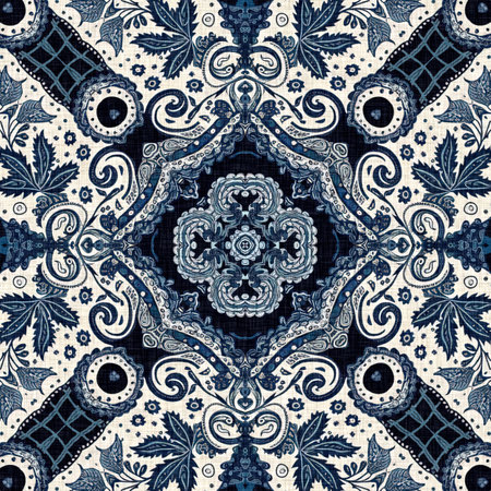 Retro indigo floral bandana 2 tone patterned fabric background. Seamless boho denim blue design. Fashion masculine wall paper.の写真素材