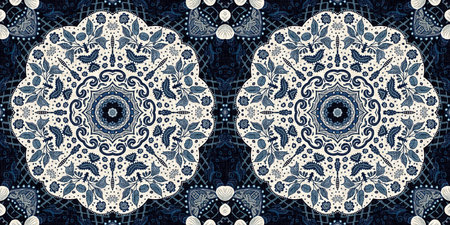 Retro indigo floral bandana 2 tone patterned fabric border background. Seamless boho denim blue banner edge design. Fashion masculine endless edging trim .の写真素材
