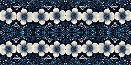Retro indigo floral bandana 2 tone patterned fabric border background. Seamless boho denim blue...