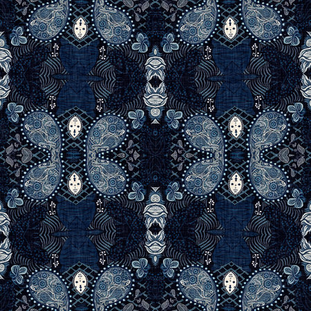 Retro indigo floral bandana 2 tone patterned fabric background. Seamless boho denim blue design....