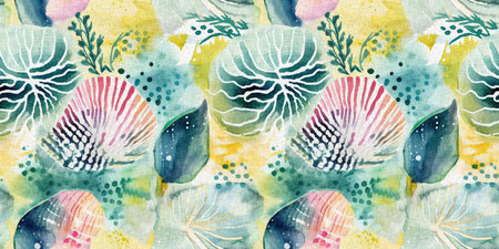 Seamless trendy underwater shell clam repeat background. Tropical modern seashell coastal pattern clash fabric coral reef border print for summer beach textile banner edge with a linen cotton effect.の写真素材