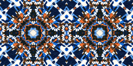 Indigo blue white vibrant watercolor batik azulejos tile border banner background. Seamless coastal...