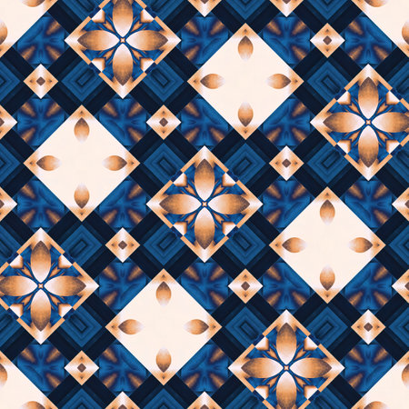 Indigo Blue white watercolor batik blur azulejos tile background. Seamless coastal blur painterly...