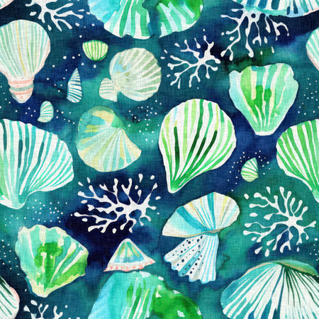 Seamless trendy underwater shell clam repeat background. Tropical modern seashell coastal pattern clash fabric coral reef print for summer beach textile designs with a linen cotton effect.の写真素材