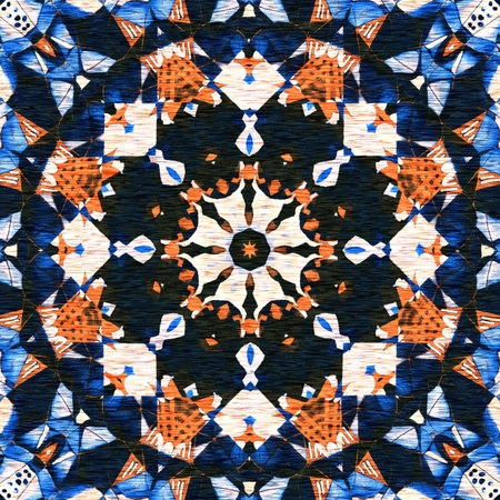 Indigo blue white vibrant watercolor batik azulejos tile background. Seamless coastal blur linen effect geometric mosaic effect.Boho Patchwork nautical masculine all over summer fashion repeat.の写真素材