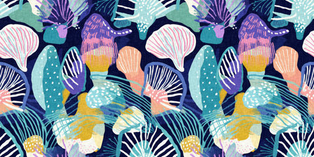 Seamless trendy underwater shell clam repeat background. Tropical modern seashell coastal pattern...