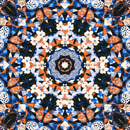 Indigo blue white vibrant watercolor batik azulejos tile background. Seamless coastal blur linen effect geometric mosaic effect.Boho Patchwork nautical masculine all over summer fashion repeat.の写真素材