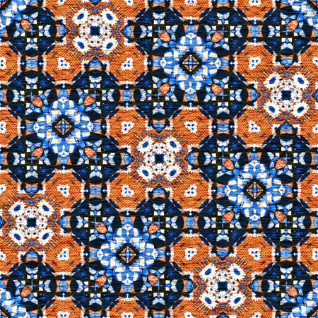 Indigo blue white vibrant watercolor batik azulejos tile background. Seamless coastal blur linen effect geometric mosaic effect.Boho Patchwork nautical masculine all over summer fashion repeat.の写真素材