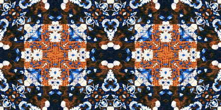 Indigo blue white vibrant watercolor batik azulejos tile border banner background. Seamless coastal...