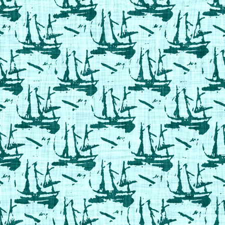 Teal blue white vibrant watercolor batik azulejos tile border banner background. Seamless coastal blur linen effect geometric mosaic effect. Patchwork nautical masculine summer ribbon trim.の写真素材