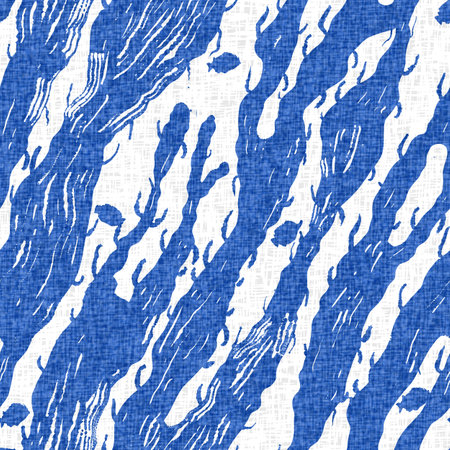 Whimsical seaweed kelp coastal electric blue beach pattern. Batik screen block print cloth effect. Playful tropical summervacation background. Modern scandi underwater plant seamless design.の写真素材