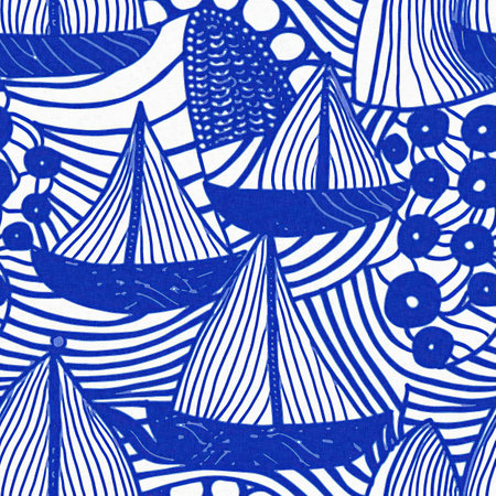 Coastal sail boat in azure ocean blue seamless background, Modern sailing race boat block print for decorative coast interior furnishing fabric . Rustic linen beach cottage trend tile.の写真素材