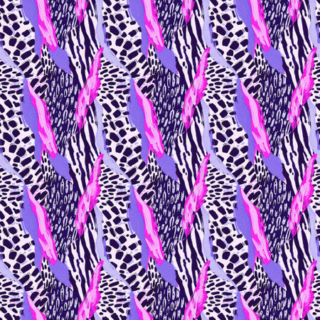 Fun girly camouflage pattern in vibrant stripes and spotted seamless design . Modern skin texture patched effect for festival and beach wear style in repeat .の写真素材