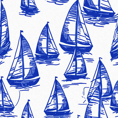 Coastal sail boat in azure ocean blue seamless background, Modern sailing race boat block print for decorative coast interior furnishing fabric . Rustic linen beach cottage trend tile.の写真素材