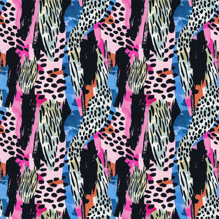 Fun girly camouflage pattern in vibrant stripes and spotted seamless design . Modern skin texture patched effect for festival and beach wear style in repeat .の写真素材