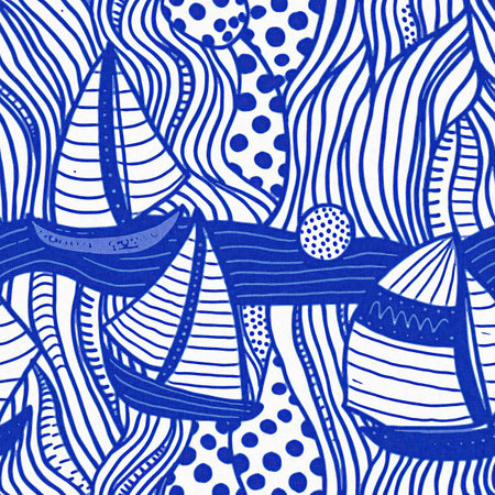 Coastal sail boat in azure ocean blue seamless background, Modern sailing race boat block print for...