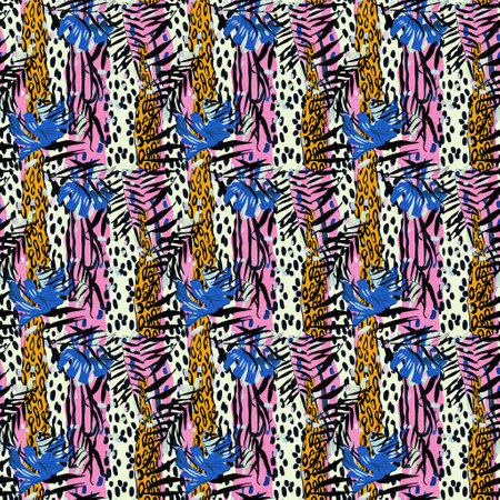 Fun girly camouflage pattern in vibrant stripes and spotted seamless design . Modern skin texture patched effect for festival and beach wear style in repeat .の写真素材