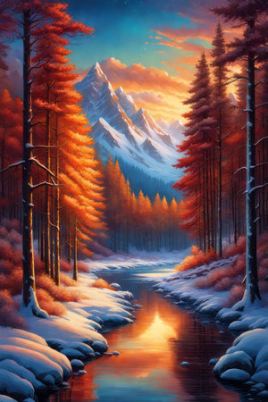 Winter landscape with mountains and river, magic valley, illustration, vertical orientation, ai generatedの素材