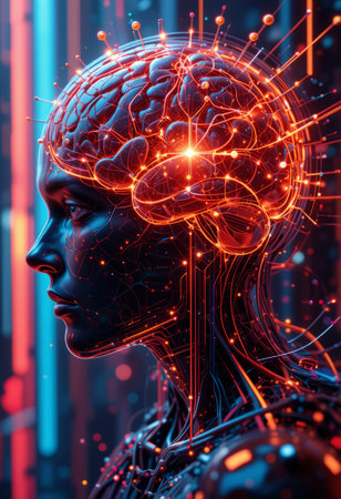 Highly detailed illustration of a futuristic female cyborg with a glowing neural network integrated into her brain. The image represents artificial intelligence, neural connectivity, and human-machine interaction in a high-tech, sci-fi environment.の素材