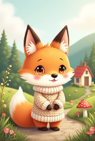 An adorable fox character is wearing a cozy sweater and is surrounded by a picturesque, natural landscapeの素材
