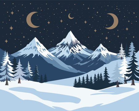 A peaceful and tranquil winter scene showcasing the beauty of snowcovered mountains under a starry night skyのイラスト素材