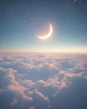 A serene and tranquil scene showcasing a crescent moon elegantly poised against a vivid sky adorned with fluffy cloudsの素材
