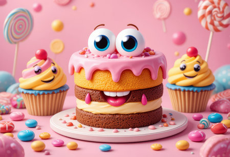 Funny cake with eyes, happy birthday greetings, bright color illustrationの素材