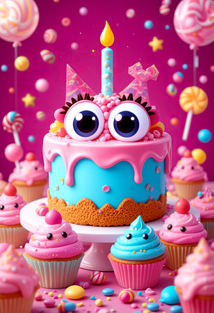 Funny cake with eyes, happy birthday greetings, bright color illustrationの素材
