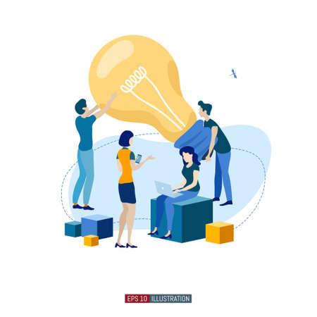 Trendy flat illustration. Business startup concept. Cooperation of people who implement the joint idea. Rocket launch preparation. Template for your design works. Vector graphics.のイラスト素材