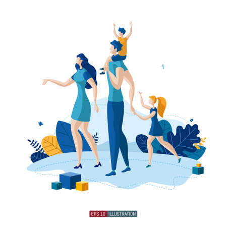 Trendy flat illustration. Happy family walking. Template for your design works. Vector graphics.のイラスト素材