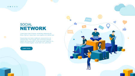 Trendy flat illustration. Social network page concept. Social media. Communications. Chatting. Template for your design works. Vector graphics.のイラスト素材