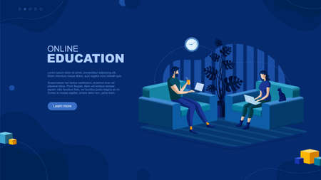Trendy flat illustration. Online education page concept. Man and woman are sitting in armchairs working with laptops. Family leisure. Template for your design works. Vector graphics.のイラスト素材